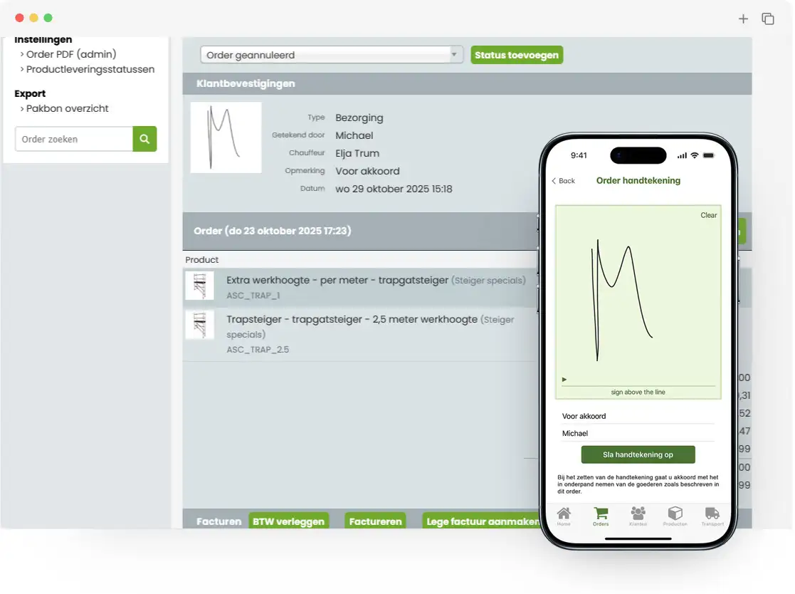 Voorbeeld handtekening op iPhone en back-office